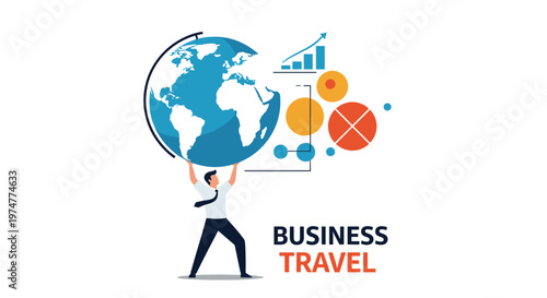 Ambitious businessman in a white shirt and tie carries a large globe on his shoulders to show global business reach.