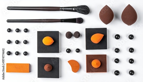 Flat lay arrangement of makeup brushes beauty sponges and cosmetic palettes on white background.