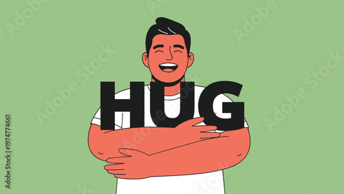 Cheerful man with a big smile and closed eyes warmly embracing a large black text element that reads the word hug.