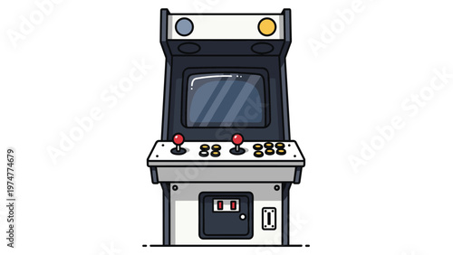 Retro style arcade cabinet game machine with a screen, joysticks, and several buttons designed in a colorful pixel art.