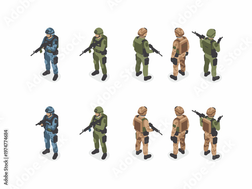 Isometric military soldier characters set in camouflage uniforms