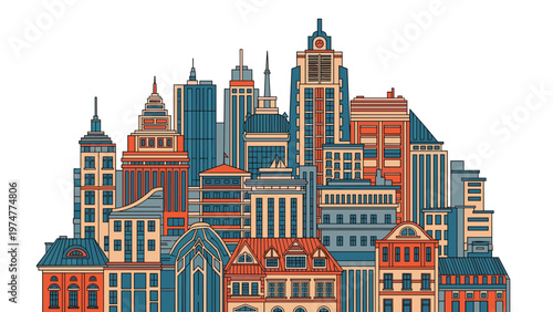 Detailed and dense cityscape featuring various architectural styles of skyscrapers and classic urban buildings.