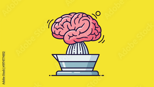 Conceptual illustration of a human brain being squeezed through a manual fruit juicer on a yellow background.