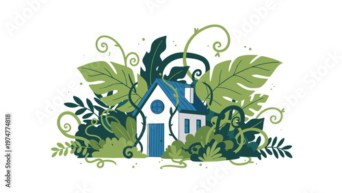 Charming white house with a blue door nestled and overgrown by lush large green tropical leaves and vines.