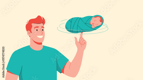 Smiling man playfully spinning a swaddled sleeping baby on his fingertip like a basketball on a pale background.