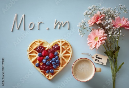Heart Shaped Waffle Topped With Berries And Jam Next To Coffee And Flowers A Sweet Morning Breakfast With A Handwritten Note On A Light Blue Wooden Tabletop