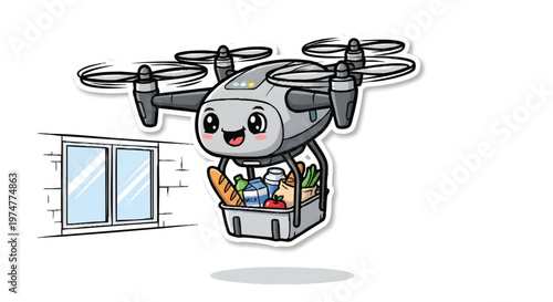 Cute drone delivering groceries through window with smiling face