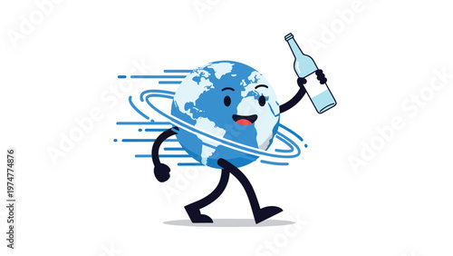 Energetic planet earth character with arms and legs runs at high speed while carrying a bottle of water and surrounded by orbital rings.