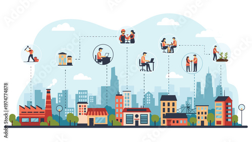 Comprehensive urban life and professional connectivity illustrated with various workers in circles above a busy modern city skyline.