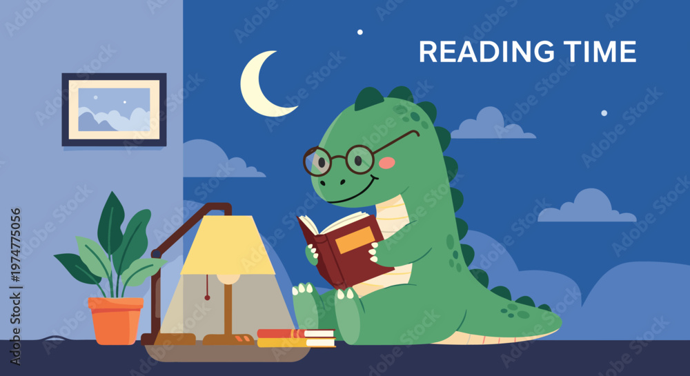 Naklejka premium Studious dinosaur wearing glasses sits on the floor and reads a book by the light of a lamp during a quiet night.
