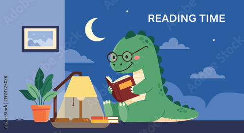 Studious dinosaur wearing glasses sits on the floor and reads a book by the light of a lamp during a quiet night.