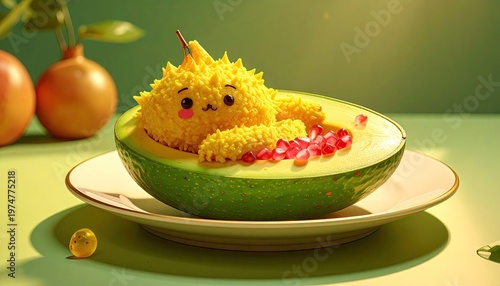 Creative food art of a cute yellow creature nestled in a fresh avocado boat.
