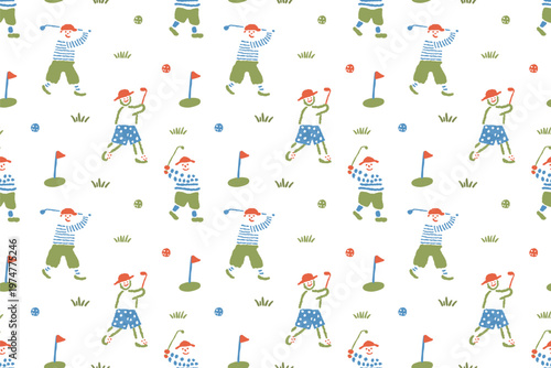 Seamless Kids Golf Pattern, Cute Hand-Drawn Mini Golfers and Flags on White Background