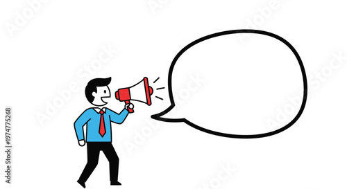 Businessman shouting through a red megaphone with a large empty speech bubble for customized text announcement or marketing message.