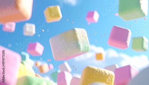 Colorful pastel marshmallows floating whimsically in a bright blue sky with fluffy clouds.
