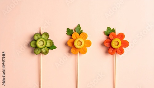 Creative vegetable flower appetizers on sticks for healthy food art.