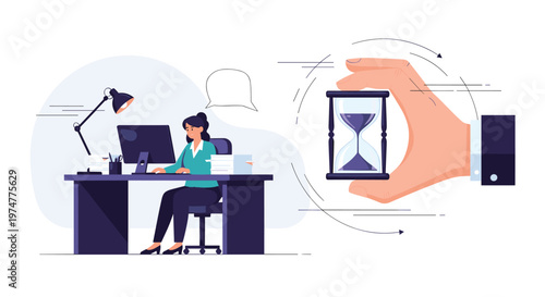 Businesswoman working diligently at her office desk while a giant hand holds an hourglass representing time management.