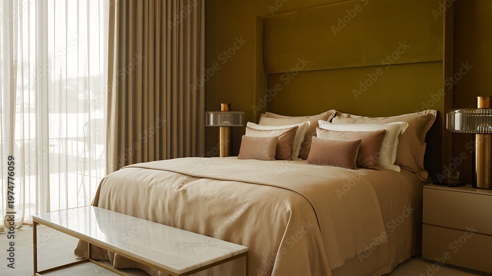 Fototapeta premium A bedroom with a large bed and green curtains