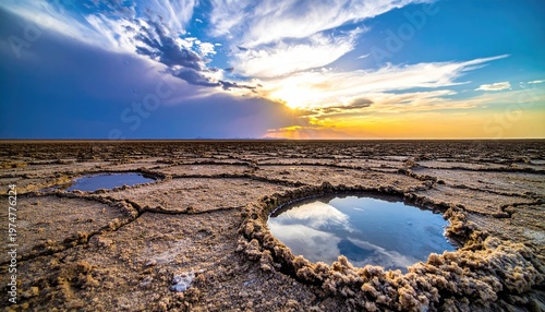 Dramatic sunset over cracked salt flats with reflective water pools.
