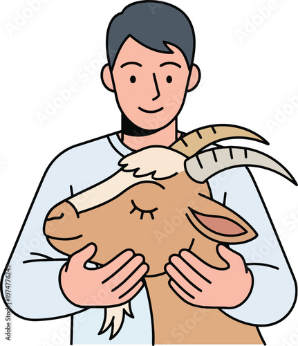 Man Holding Goat - Farm Animal Care Vector Illustration