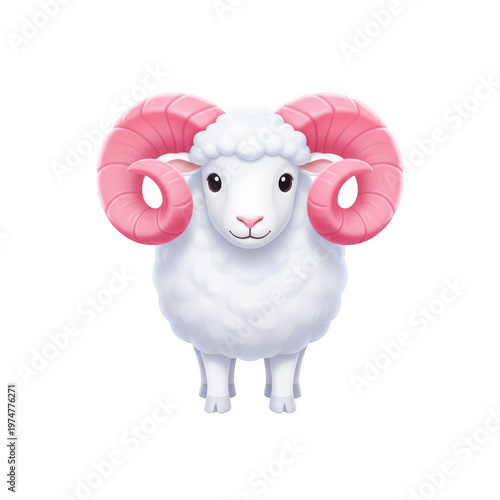 Cartoon white ram with large pink horns isolated on a transparent background