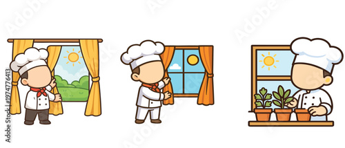 Cartoon chefs opening curtains and tending plants by window