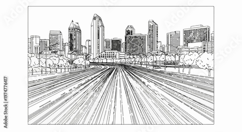A sketch of a city skyline with a highway leading into it