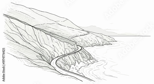 A winding road hugs a cliffside overlooking a calm, rippling ocean