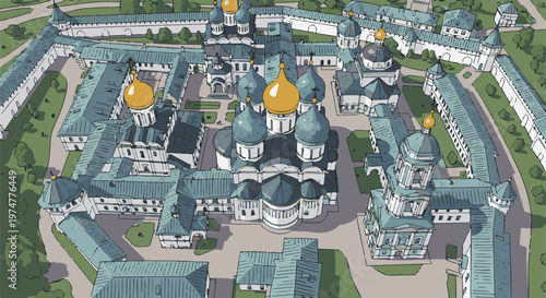 Aerial view of a large, historic monastery complex with multiple domes and buildings