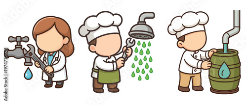 Chefs repairing faucet shower and water barrel