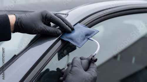 Locksmith using air wedge tool to unlock car door. Professional technician opening vehicle window with inflatable shim. Emergency automotive roadside service and manual lock picking.