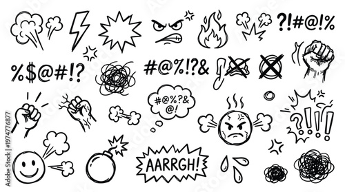 Collection of hand-drawn angry emoticons symbols and icons representing frustration rage and negative emotions in a doodle art style