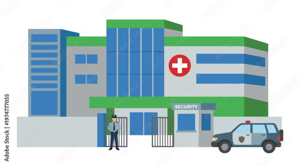 Obraz premium Modern Hospital Building with Security Personnel and Patrol Car, Representing Healthcare and Safety Measures