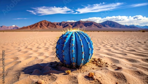 Vibrant Blue Spherical Cactus in Vast Desert Landscape.