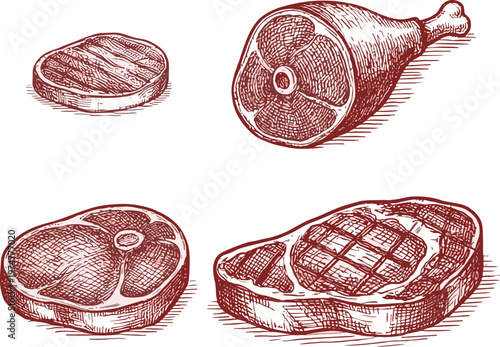 Vintage butcher-style meat cut illustration collection, hand-drawn steak and ham artwork, traditional culinary butcher shop vector design