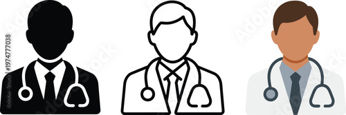 Professional male doctor avatar icon set featuring medical practitioner with stethoscope in solid black line art and color styles,
