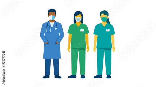 Medical professionals in scrubs and lab coats wearing face masks during a health crisis