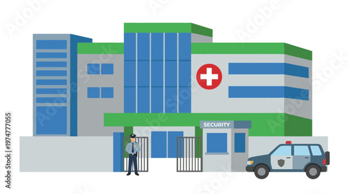 Modern Hospital Building with Security Personnel and Patrol Car, Representing Healthcare and Safety Measures