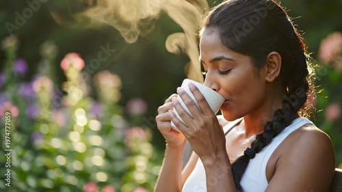 Young woman relaxing with hot beverage on wooden garden bench