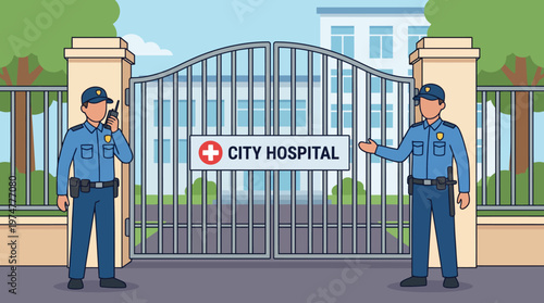 Two security guards stand at the entrance of a city hospital, ensuring safety and access control