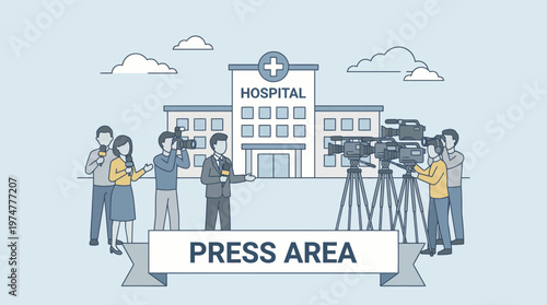 Journalists and camera crews gather in front of a hospital building for a public press conference, illustrated in a modern flat vector design concept