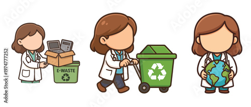 Female doctor handling e-waste and recycling bin in cartoon style