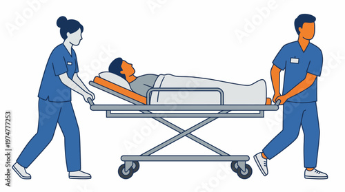Dedicated healthcare professionals swiftly transport a patient on a medical stretcher, illustrating critical emergency care and hospital logistics in a flat vector design