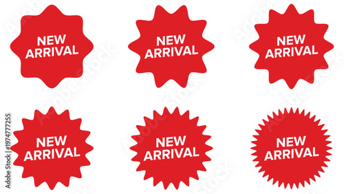 New arrival tags. Red starburst badges set. Vector