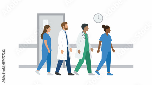 Diverse and dedicated team of healthcare professionals walking together confidently through a modern hospital corridor, symbolizing collaboration, patient care, and the essential work of medical staff