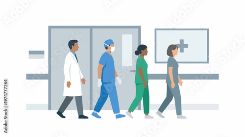 Modern healthcare team of diverse medical professionals walking purposefully through a bright hospital corridor, symbolizing essential services and dedicated patient care