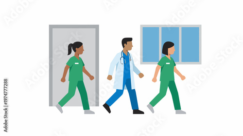 Healthcare professionals in scrubs and a doctor in a white coat walking down a corridor