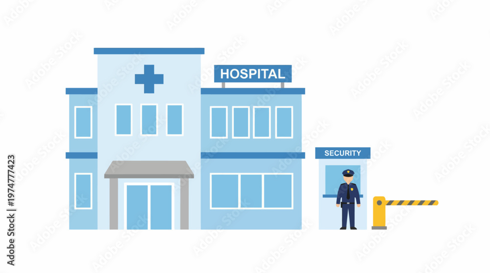 Naklejka premium A modern hospital building with a security booth and guard, depicted in a clean, flat vector illustration style for medical and safety themes