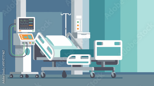 Flat Vector Illustration of an Empty Intensive Care Unit with Modern Medical Equipment, representing Critical Care and Hospital Technology in a Contemporary Style