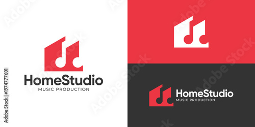 Creative simple home studio logo template. House with key note for music production logo design vector illustration.